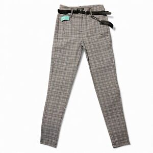 Gray Plaid Skinny Pants with Belt
